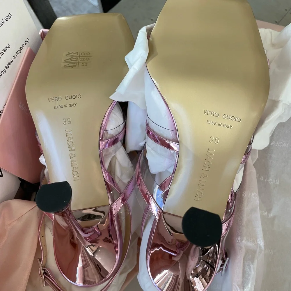 Mach and Mach triple bow pink metallic pump crystal sandal sz 39